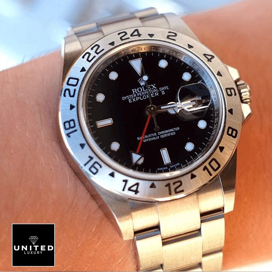 Vintage Rolex Replica 1 Rolex Explorer II Black Dial 16570-0004 Replica on his arm