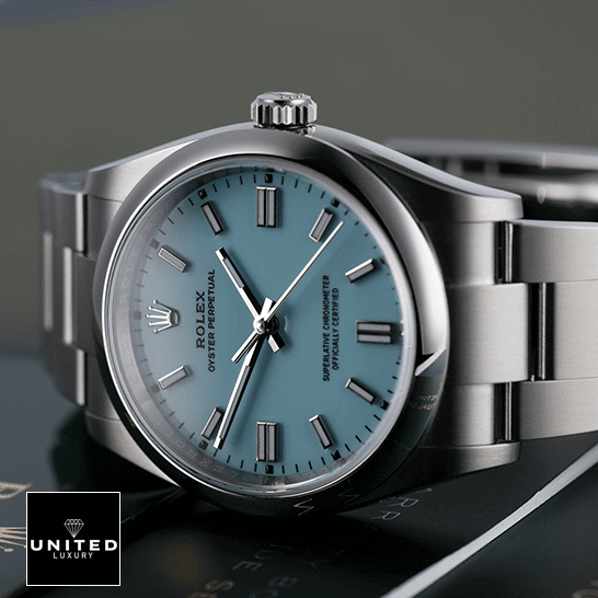 Rolex Oyster Perpetual Aqua Dial 126000 Replica 1 Rolex Perpetual 126000 Turquoise Dial Oyster Replica on the table