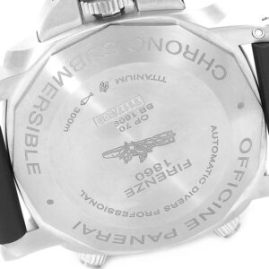 The image shows the back case of a Panerai Submersible watch, displayi